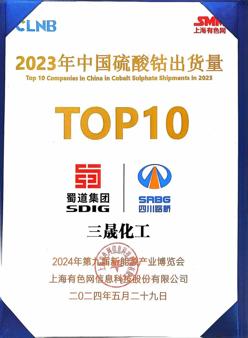 TOP10！礦業(yè)集團浙江三晟公司榮登SMM中國硫酸鈷出貨量榜單